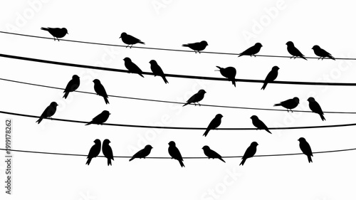 A group of birds is perched on several parallel wires,