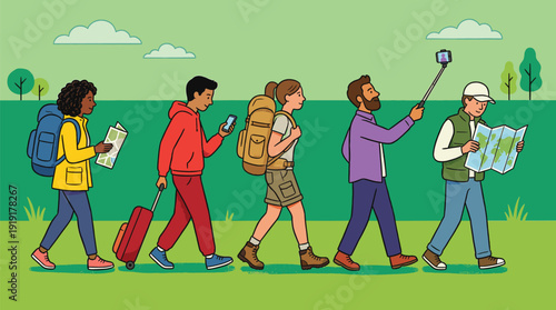 Diverse Group of People Hiking and Traveling Outdoors with Backpacks, Maps, Mobile Phones, Selfie Stick, and Suitcase Illustration