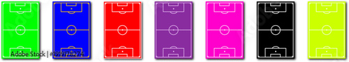 Collection of Foosball Grounds, Set of seven colorful neon soccer field layout diagrams