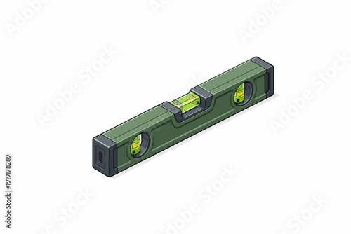 Essential green spirit level isometric illustration, depicting accuracy and balance for construction, carpentry, and home improvement projects, a vital measurement device for precision work
