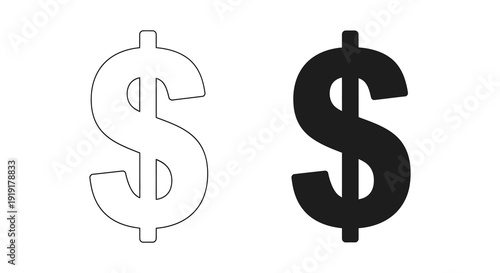 Two depictions of the us dollar sign one outlined and one solid black presented side by side silhouette high quality professional