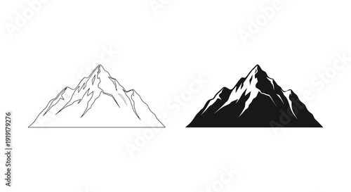 Two contrasting mountain depictions are shown one a white outline and the other a dark shape silhouette high quality