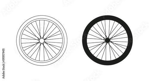 Two bicycle wheels are depicted in contrasting styles one outlined and one solid black silhouette high quality professional detailed