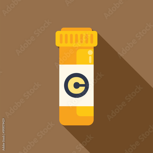Yellow medicine bottle featuring a c label representing vitamin supplements