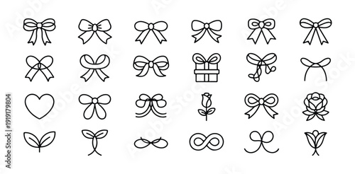 Decorative line art bow and floral icons set for feminine branding gift packaging and wedding art