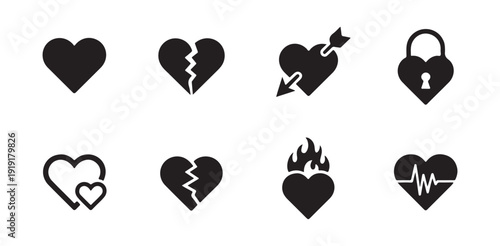 Heart silhouette icons set flat black romantic symbols collection love and relationship graphics
