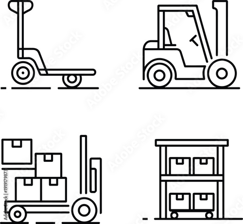 Four black and white line of forklifts and pallet jacks lifting and moving boxes in a warehouse setting