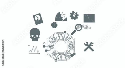 Cogwheel with Surrounding Icons and Symbols.