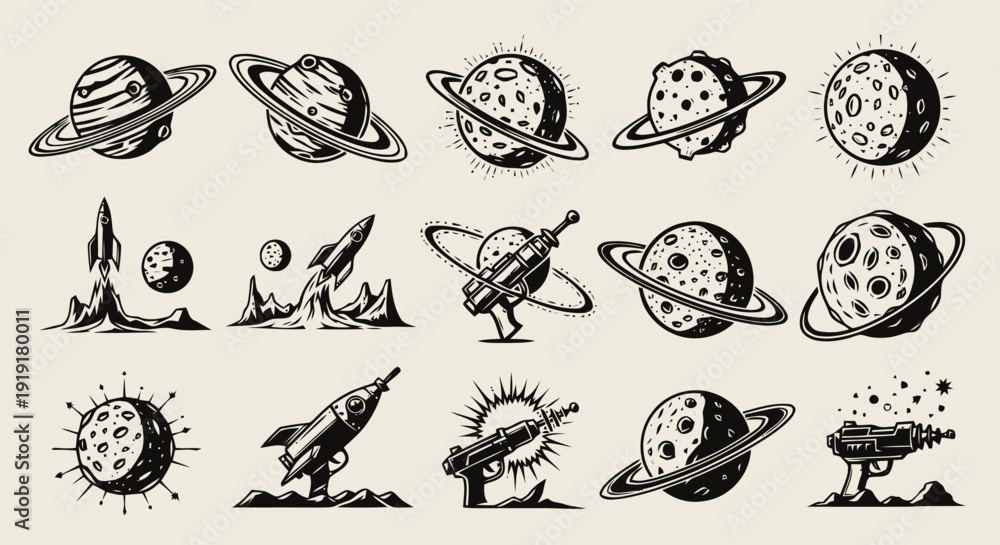 Naklejka premium Collection of Hand Drawn Space Elements.