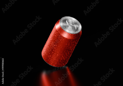 Aluminum red soda can covered in condensation, resting on black background