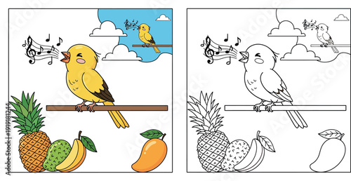 Cute cartoon yellow birds singing with musical notes perched on branches