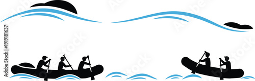 Silhouette of people canoeing on wavy blue water with white background silhouettes paddling waves