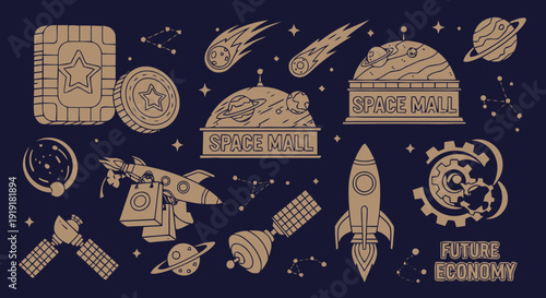 Space Exploration Icons Collection in Gold.