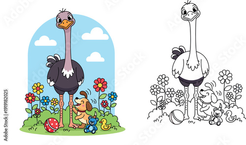 Cute cartoon ostrich standing with a happy puppy dog in a flower garden with toys, funny animal