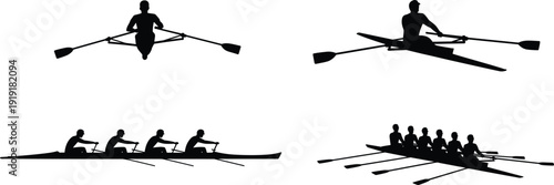 Silhouettes of rowers in different boats on water rowing oars