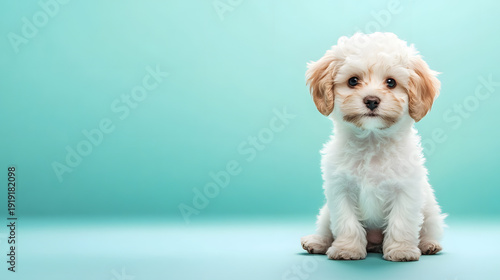 Cute maltipoo puppy dog ​​on light blue background