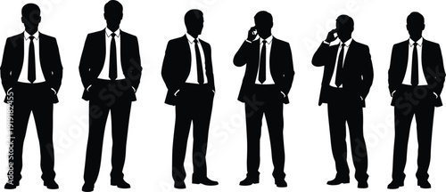 Silhouettes of six businessmen in suits on white background black