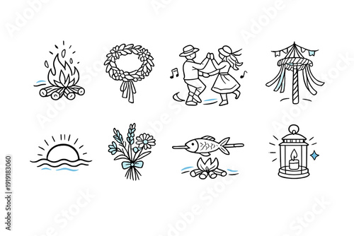 Collection of folk art icons representing summer solstice traditions and nature