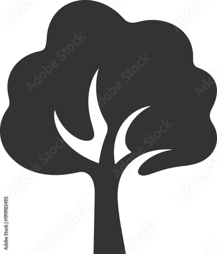 Black and white silhouette of a tree with a full canopy and visible branches