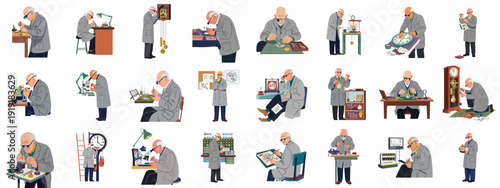 Elderly Watchmaker at Work: Vector Set Illustrating Precision Craftsmanship, Repair, and Maintenance of Clocks and Watches with Tools and Expertise.