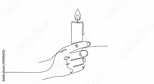 A hand holding a lit candle in a simple continuous line drawing on a white background with a minimalist style.