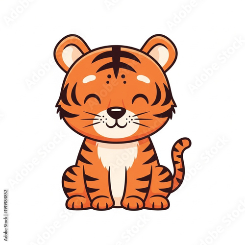 Flat vector tiger illustration with cute orange jungle cat character for wildlife icons and branding