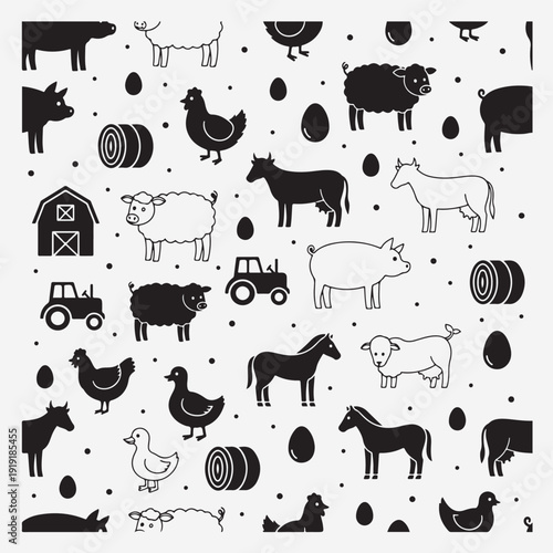 Farm Animal Tractor Country Doodle Icon Set, Cow Horse Chicken Hand Drawn Vector Clipart, Agriculture Rural Illustration Collection, Barn Harvest Sketch Design Pack, Countryside Life Line Art Elements
