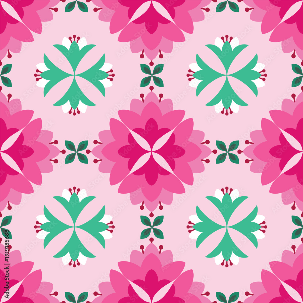 Fototapeta premium Ornate Magenta Floral Mandala Tile Seamless Pattern