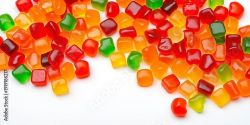 Assorted colorful gummy candies arranged on a white background,  clip art,  sweets