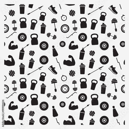 Fitness icon pattern, bodybuilding gym background, workout equipment illustration, weightlifting exercise wallpaper, hand drawn gym sketches, health club design, athletic fitness pattern
