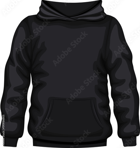 Black hoodie design with front pocket and hoodie details.