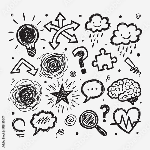 Creative Idea Brain Lightbulb Doodle Set, Innovation Thinking Hand Drawn Vector Clipart, Problem Solving Sketch Illustration Collection, Business Strategy Design Pack, Brainstorm Mind Map Line Art Ele