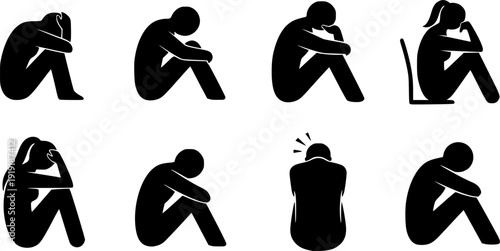 Seated people silhouette set showing depression stress anxiety waiting thinking emotions