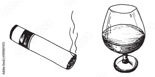 Wine and Cigar Vintage Illustration. Wine Glass and Cigar Doodles. Classic Wine and Cigar Sketch