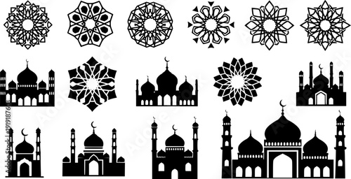 Islamic geometric shapes and mosque silhouettes collection, ornamental arabic patterns, vector black icons set for ramadan, eid, architectural design