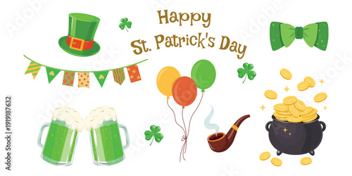 St. Patrick’s Day Party Icons Set. Patrick’s Day Clipart, Beer, Hat, Shamrock, Balloons, Pipe, Bunting Flags, Сauldron of gold. Festive Irish Holiday