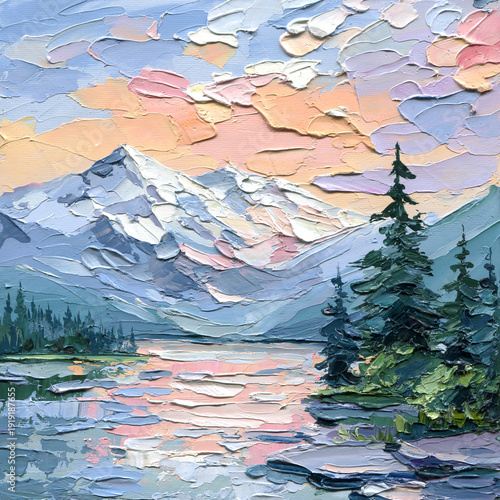 Foto Mountain lake sunset with snowy peak and pine trees impasto landscape painting w