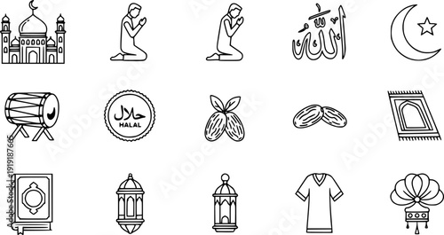 Islamic religious icon set featuring mosque, prayer, Allah calligraphy, halal symbols