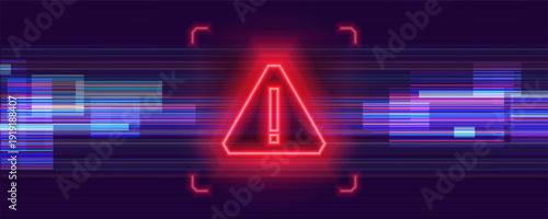 Danger sign. Digital security breach and data protection concept. Hacked system, cyber attack or system failure. Warning symbol on the screen. Vector illustration.