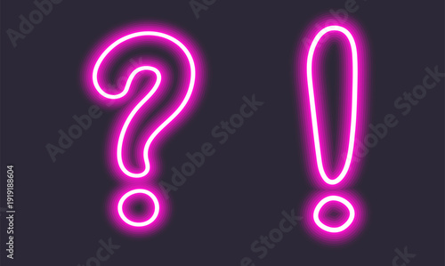 Neon question and exclamation marks on dark background.