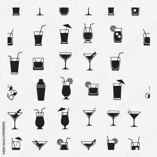 Cocktail Drink Glass Bar Silhouette Icon Set, Wine Beverage Hand Drawn Vector Clipart, Alcohol Party Illustration Collection, Bartender Mix Sketch Design Pack, Nightlife Club Line Art Elements, Black 