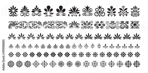 Set of black floral ornament icons isolated on white background for vintage design projects