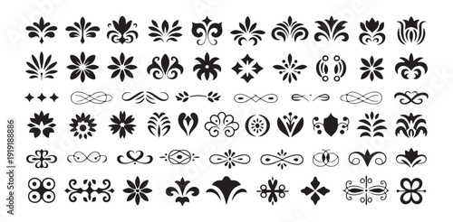 Classic flourish symbols and decorative filigree elements set for royal branding and layout
