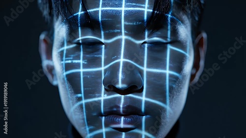 Digital Identity Face Projection - A close-up of a man's face is shown with a grid pattern projected onto it.