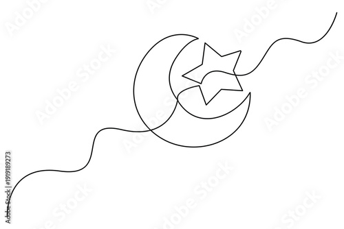 Minimalist crescent moon and star single line art Eid Mubarak symbol design

