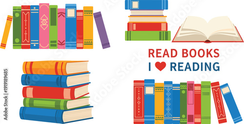 Colorful books and reading set with book stacks, bookshelf, open book and typography