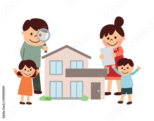 虫眼鏡で住宅をチェックする家族