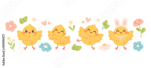 Cute chicks characters with spring flowers. Perfect for cards, invitations, posters, home decor, and seasonal design. Flat vector illustration