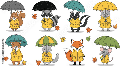 Cute autumn woodland animals in yellow raincoats with umbrellas and falling leaves set