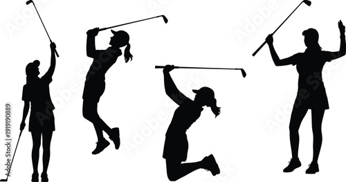 Black silhouettes of four women playing golf with various swings white background